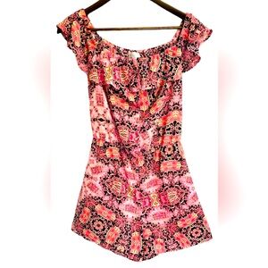 Decree Romper Womens Medium Ruffled On/Off Shoulder Pockets Pink Aztec Pattern